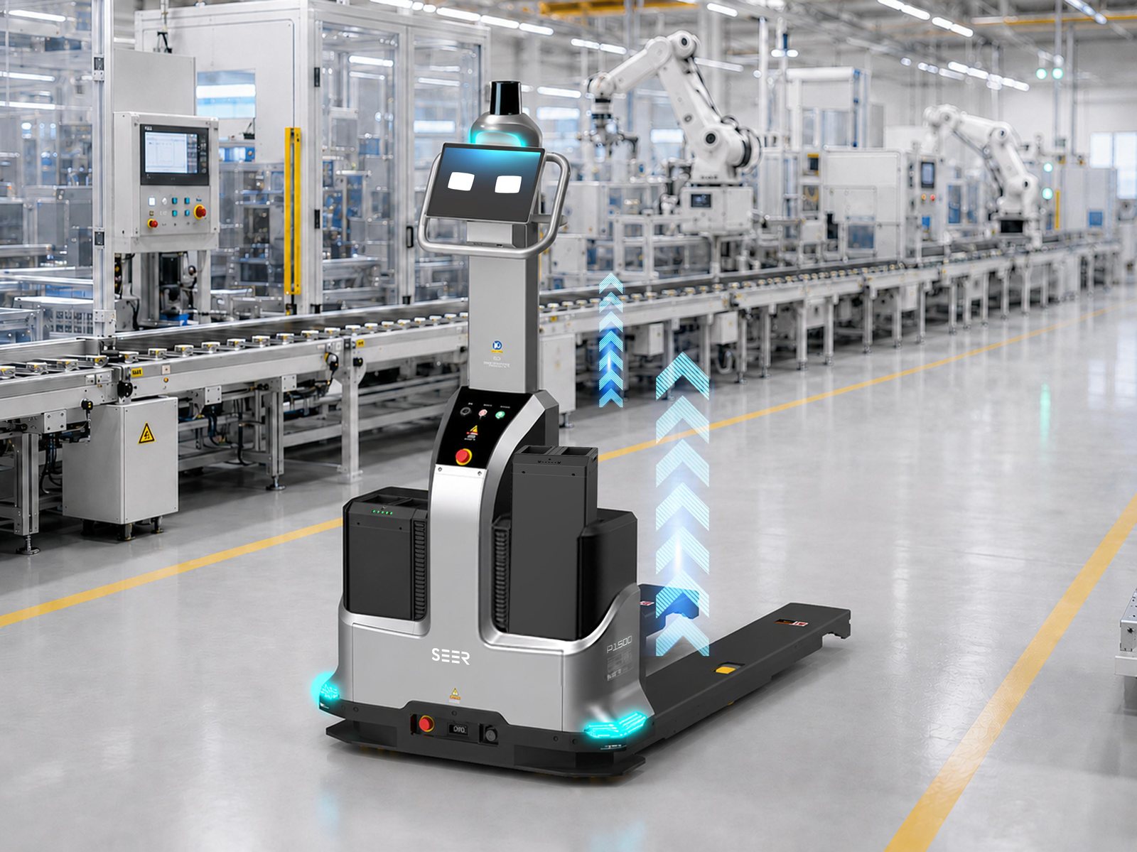 SEER P1500 pallet delivery robot with forks extended in a production plant