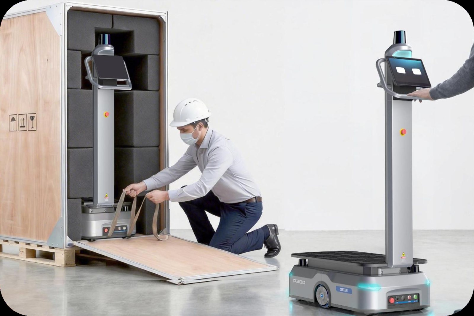 SEER P300 delivery robot, shown in its shipping crate and free-standing
